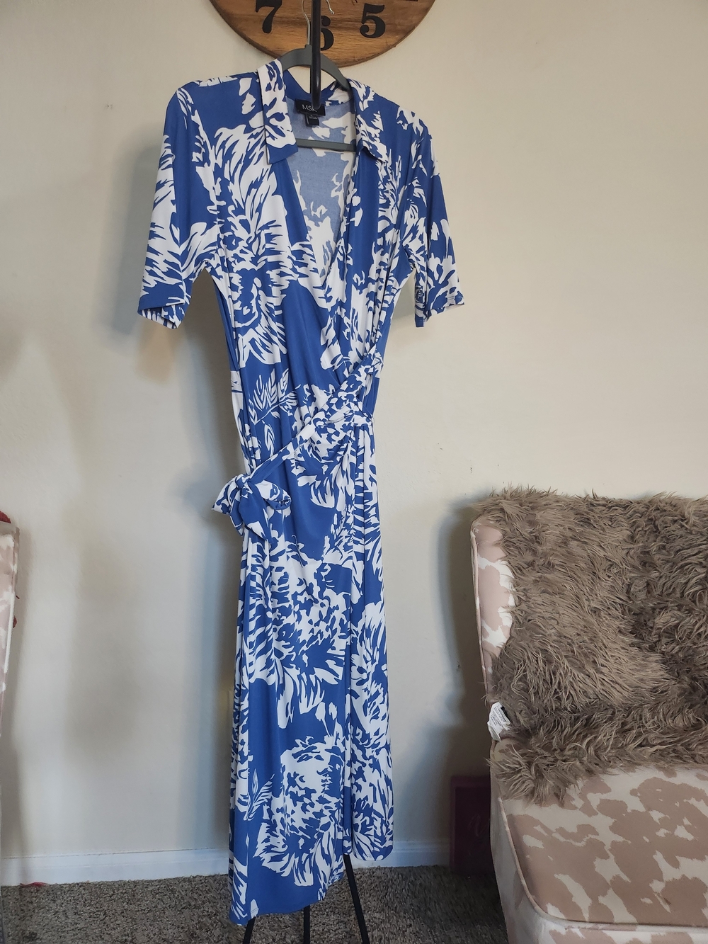 MSK Blue and White Floral Wrap Midi Dress